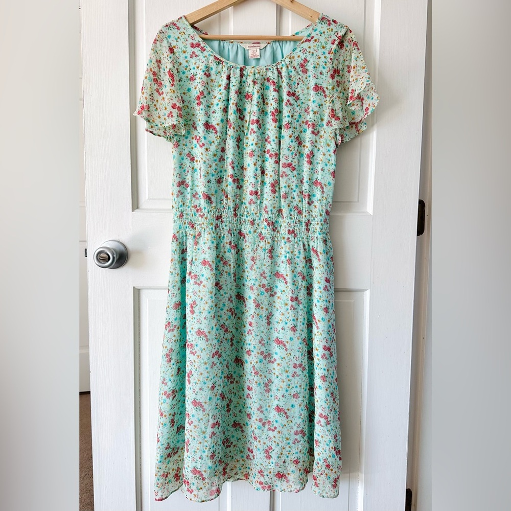 SUNDANCE 100% Silk Cottage Floral Midi Dress Flutter Short Sleeves Mint Size 12
